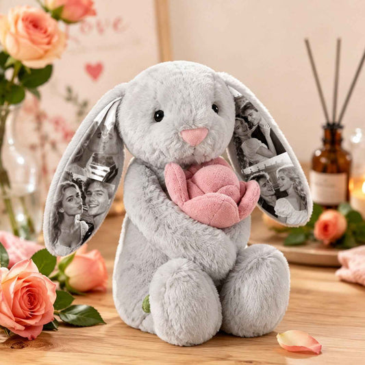 Custom Photo Pink Rose Bunny Plush – Personalized Hidden Ear Picture Gift