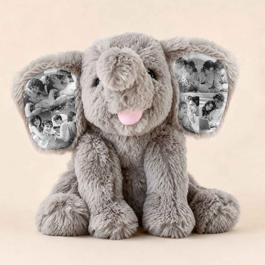 MadeMine personalized elephant plush toy with custom photo on ear, soft plush stuffed animal for kids or gift-giving.