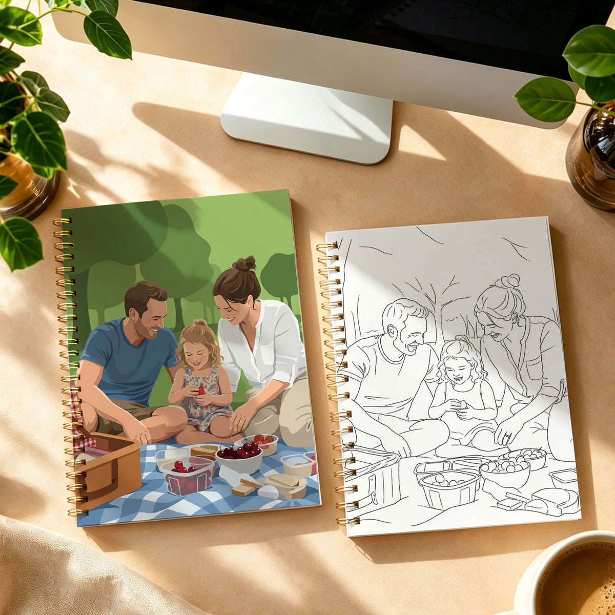 Personalized Halloween photo coloring book by MadeMine featuring custom family and pet images for festive coloring fun.