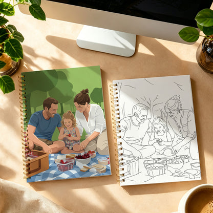 Personalized Halloween photo coloring book by MadeMine featuring custom family and pet images for festive coloring fun.