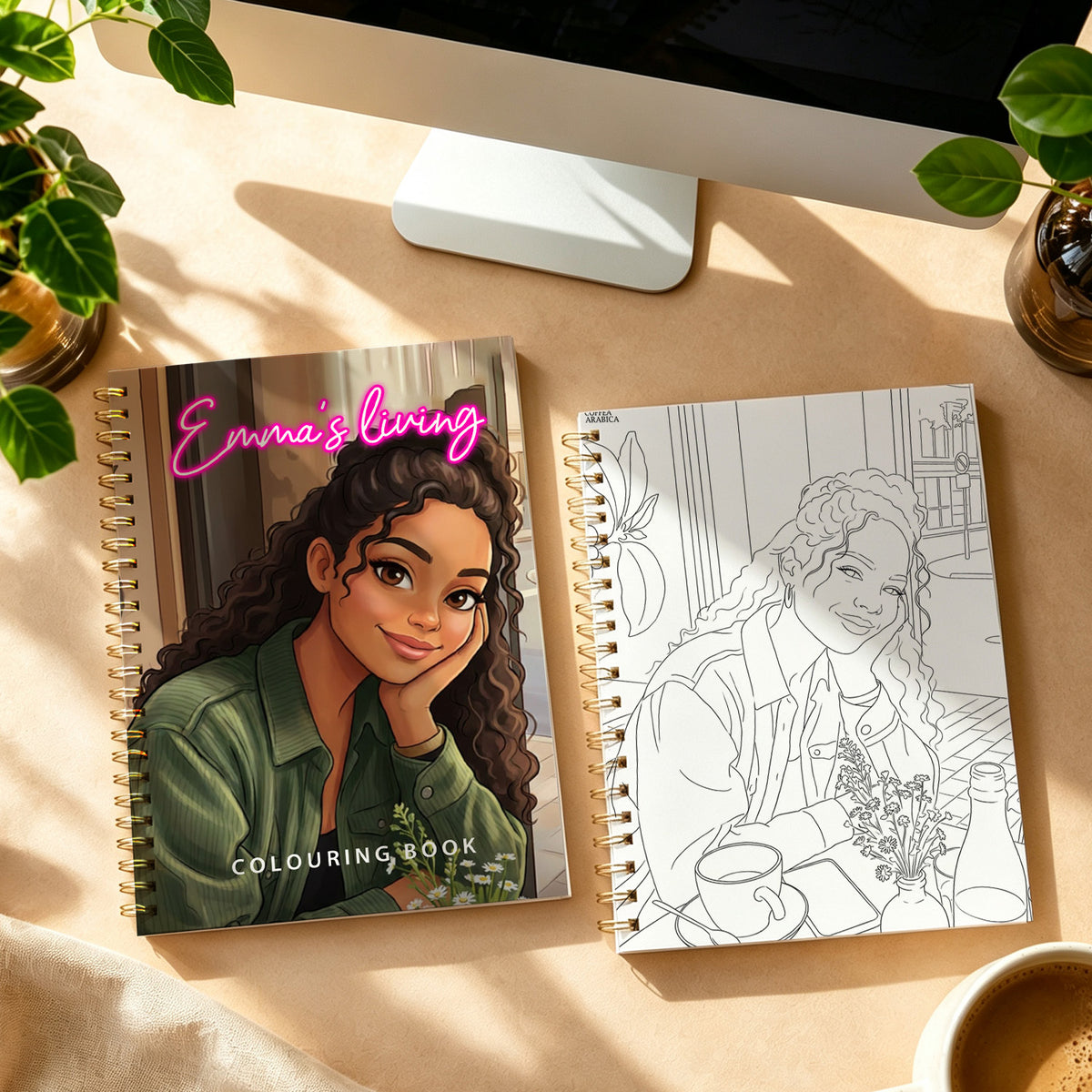Personalized Halloween photo coloring book by MadeMine featuring custom family and pet illustrations for festive fun.