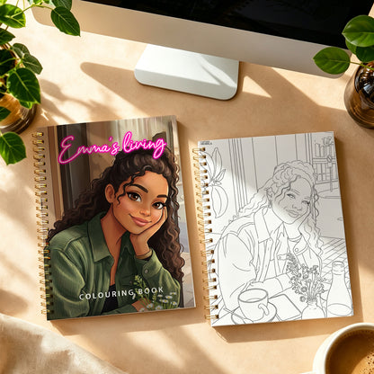 Personalized Halloween photo coloring book by MadeMine featuring custom family and pet illustrations for festive fun.