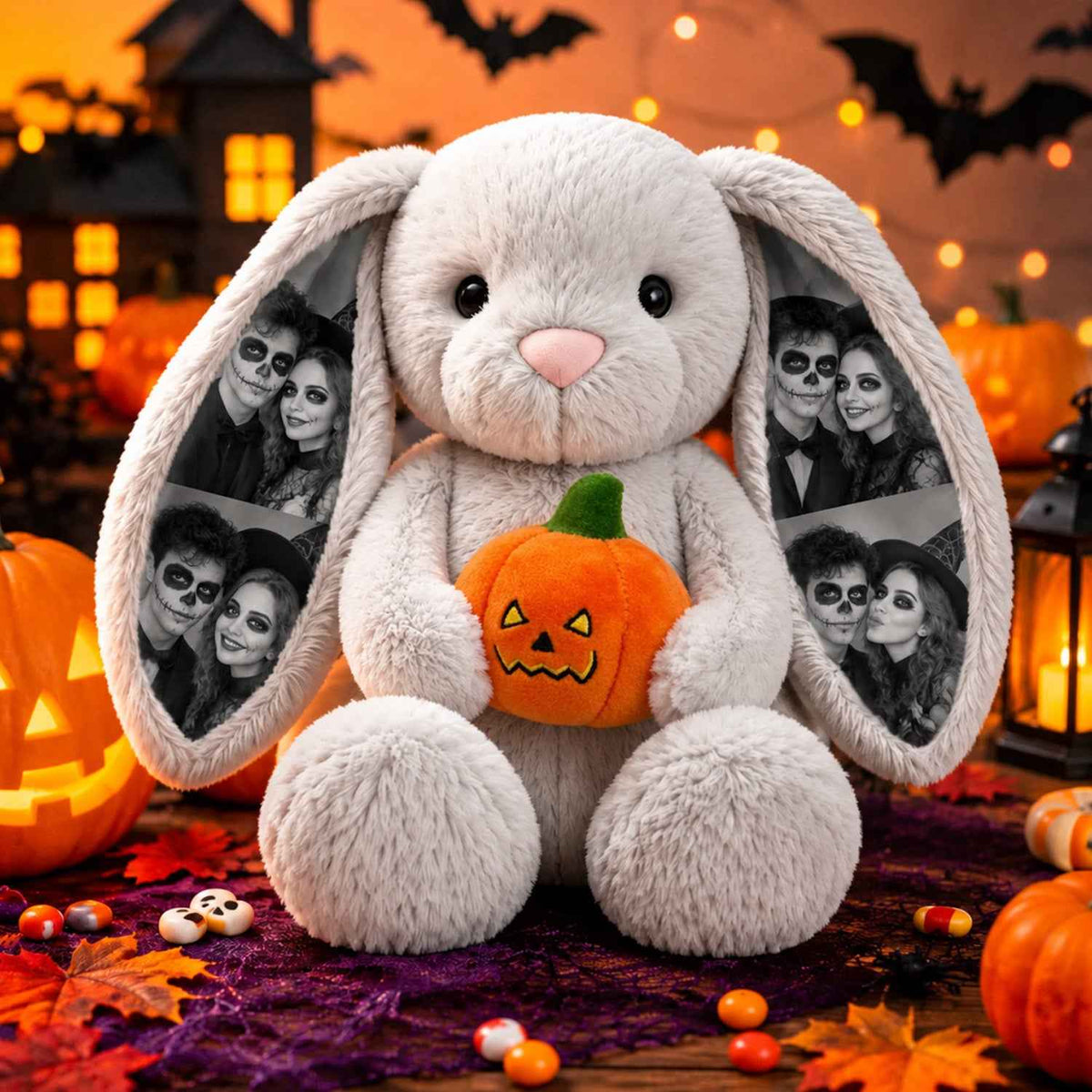 Custom Photo Halloween Bunny Plush, Personalized Picture Ears Rabbit Stuffed Toy with Pumpkin, Cute Couple Gift