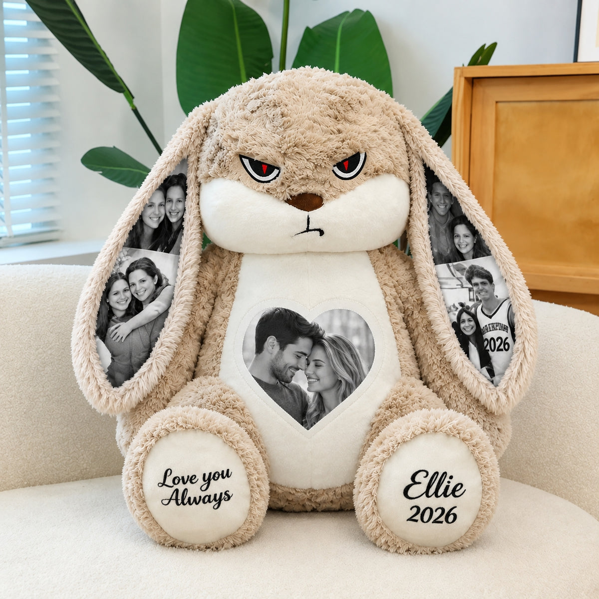 Personalized Grumpy Bunny plush by MadeMine with custom photo ears and roses, perfect romantic gift for couples.