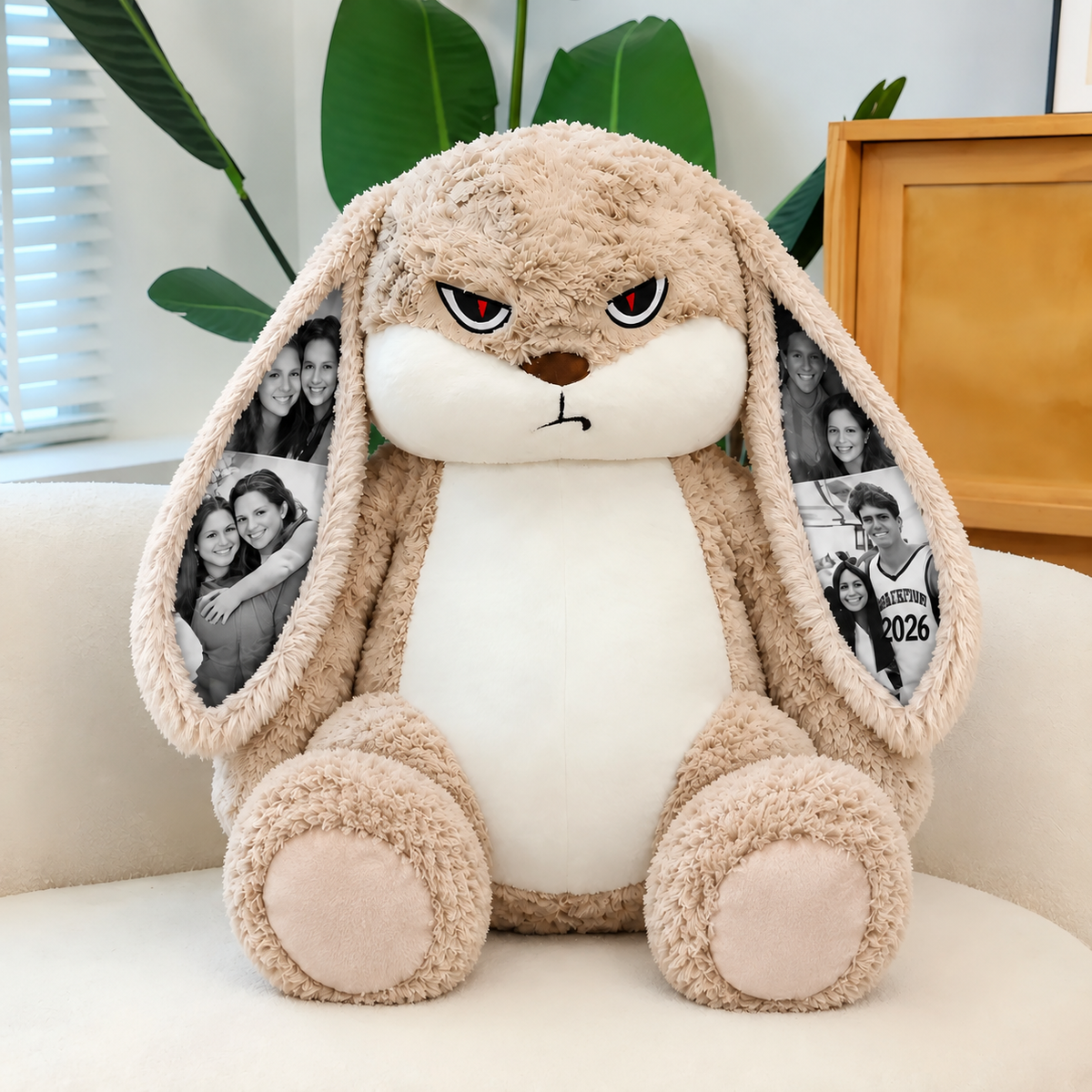 MadeMine personalized grumpy bunny plush with custom photo ears and roses, perfect romantic gift for couples.