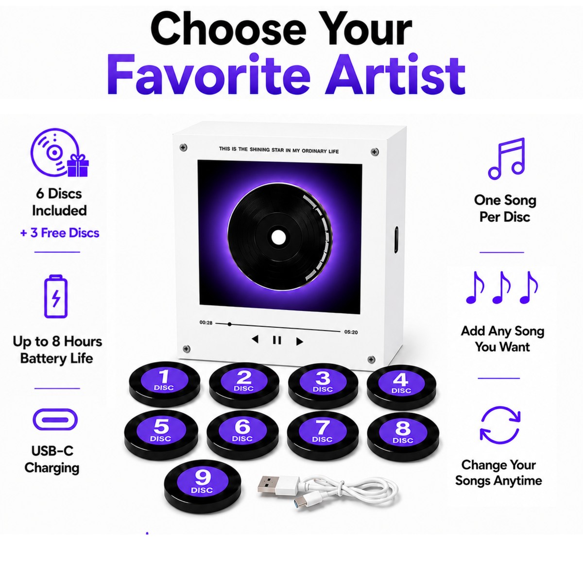 MadeMine custom mini vinyl record player with 9 magnetic discs, personalized music gift for couples and anniversaries.