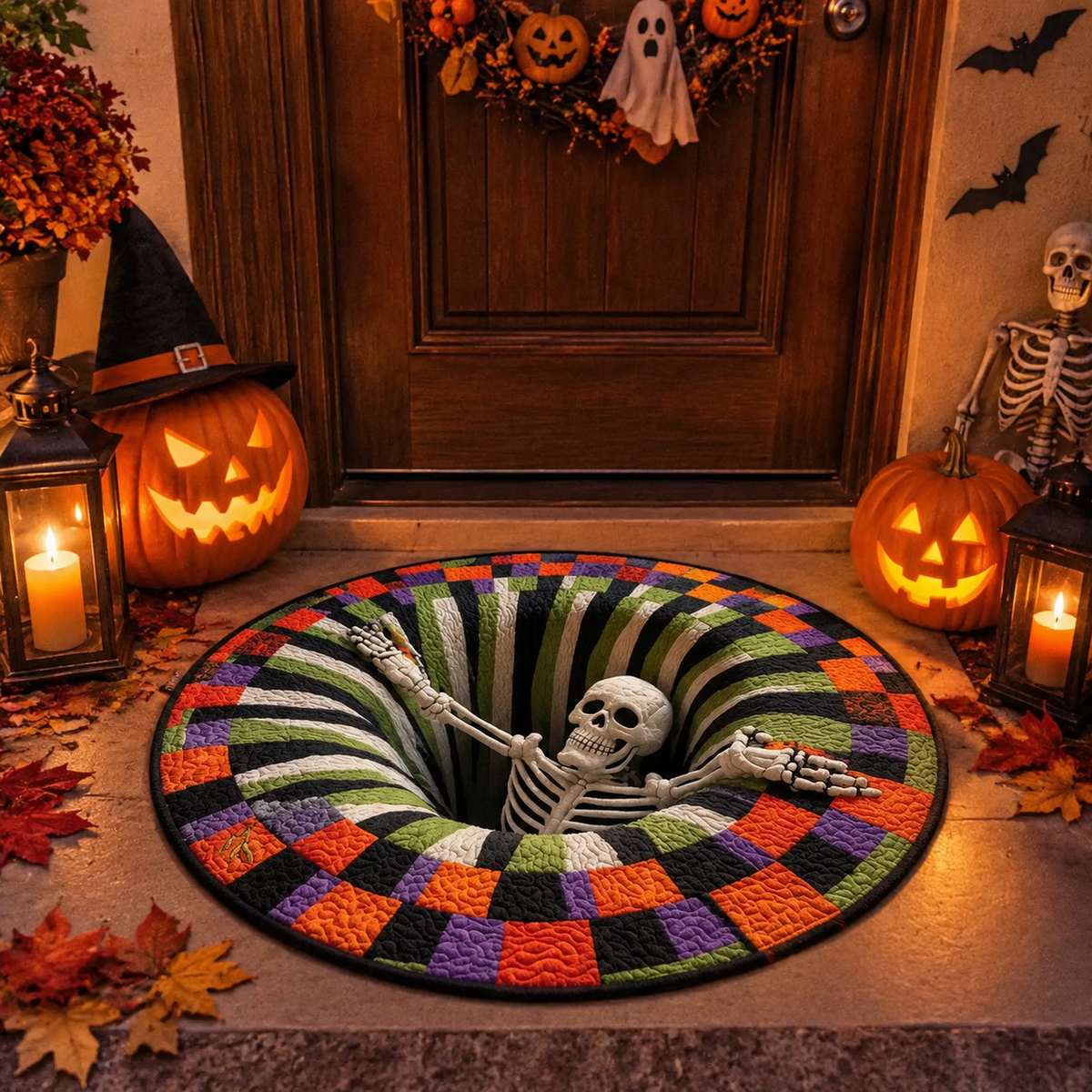 MadeMine 3D optical illusion Halloween rug featuring a spooky bottomless hole design, non-slip surface for home decor and parties.