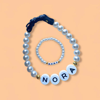 Personalized pet name necklace with matching bracelet from MadeMine, featuring custom engraved pet names and elegant jewelry design.
