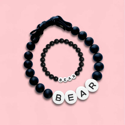 Personalized pet name necklace with matching bracelet, made by MadeMine, featuring engraved pet names and stylish jewelry design.