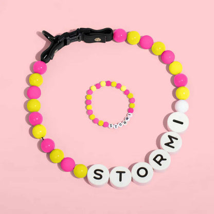 Personalized pet name necklace with matching bracelet by MadeMine, featuring custom engraved pet names and elegant jewelry design.