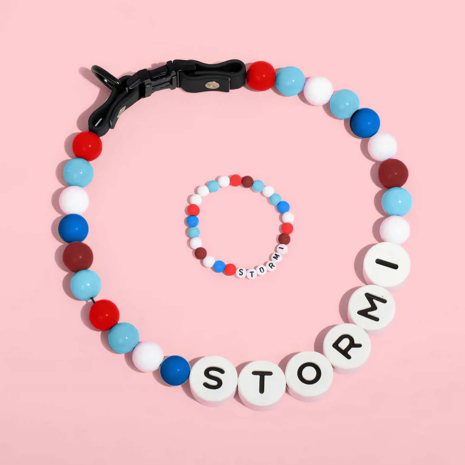 Personalized pet name necklace with matching bracelet by MadeMine, featuring custom pet name pendants in elegant jewelry style.