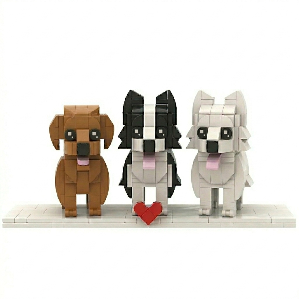 MadeMine custom full-body brick figures of three cute dogs, ideal personalized anniversary, birthday, or Christmas gift.