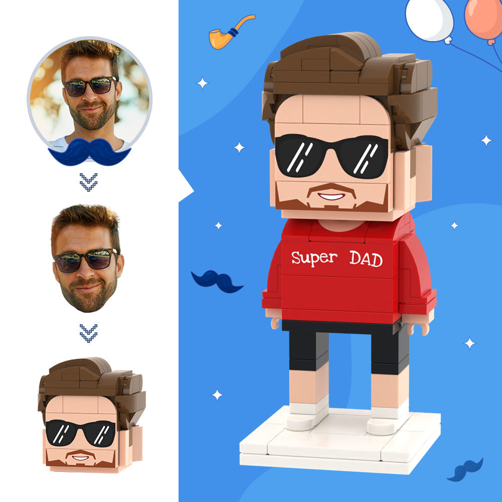 Persoonlijk cadeau: MadeMine Super Dad brick figuur van kleine particle blokken, geschikt als verrassingsgeschenk voor papa.