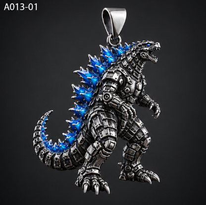 Silver mechanical T-Rex necklace with spiked back and dinosaur pendant, featuring blue or red spikes on a 45cm chain.
