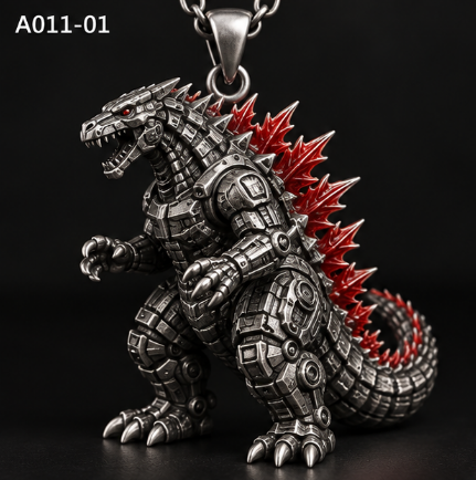 Silver T-Rex necklace with spiked back pendant and blue or red spikes on a 45cm chain, crafted by MadeMine.