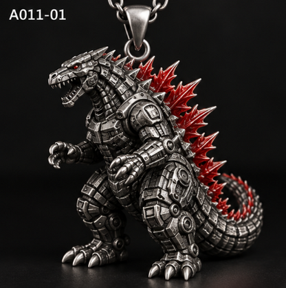 Silver T-Rex necklace with spiked back pendant and blue or red spikes on a 45cm chain, crafted by MadeMine.