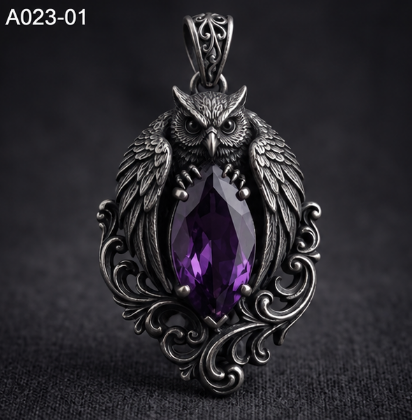 MadeMine owl pendant necklace with purple teardrop stone in sterling silver, featuring a wisdom guardian design.