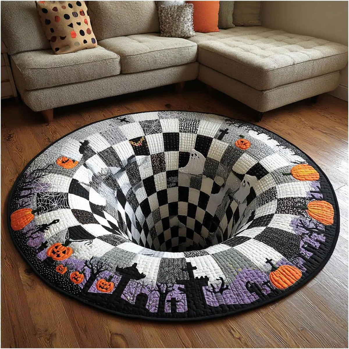 MadeMine 3D optical illusion Halloween rug with spooky bottomless hole design, non-slip area rug for Halloween party and home decor.