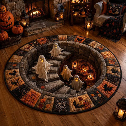 MadeMine 3D Optical Illusion Halloween Rug featuring a spooky bottomless hole design, non-slip area rug for Halloween party and home decor.