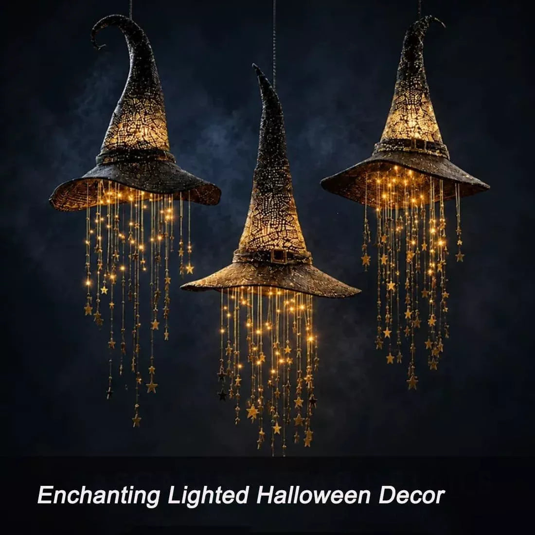 MadeMine LED light-up witch hat hanging decor for Halloween and Christmas, featuring a festive black hat with glowing lights.