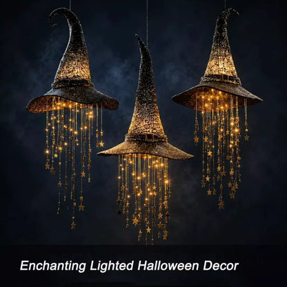MadeMine LED light-up witch hat hanging decor for Halloween and Christmas, featuring a festive black hat with glowing lights.