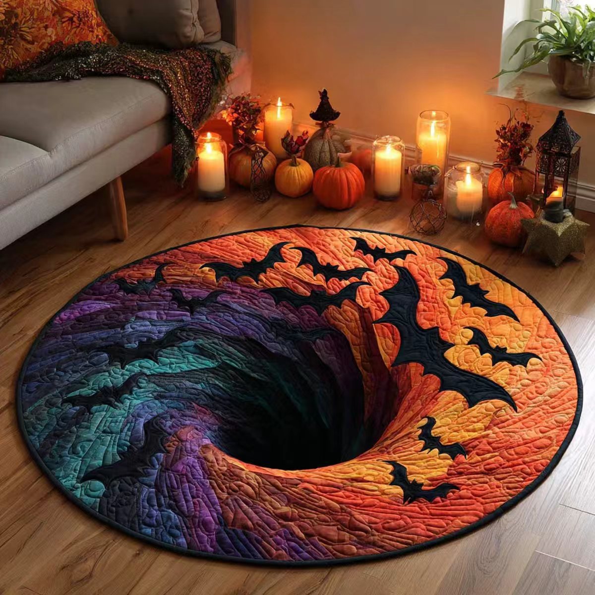 MadeMine 3D optical illusion Halloween rug featuring a spooky bottomless hole design, non-slip area rug for Halloween party and home decor.