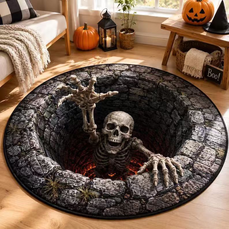 MadeMine 3D optical illusion Halloween rug featuring a spooky bottomless hole design, non-slip area rug for Halloween decor.