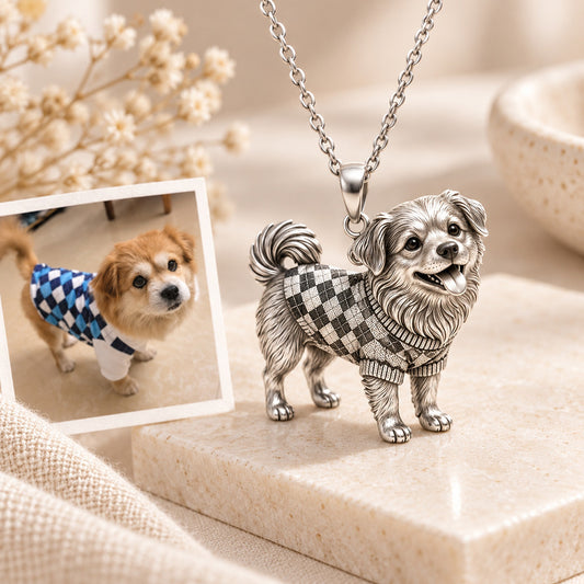 Personalized 3D pet portrait necklace in sterling silver featuring a custom dog or cat pendant, memorial jewelry gift.