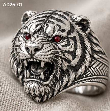 Silver animal head statement rings featuring roaring tiger, geometric bear, and 3D tiger designs in US sizes 6 to 12 by MadeMine.