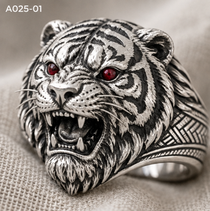 Silver animal head statement rings featuring roaring tiger, geometric bear, and 3D tiger designs in US sizes 6 to 12 by MadeMine.