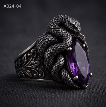 MadeMine Snake Embrace purple stone ring set featuring genuine silver serpents and statement jewelry design.