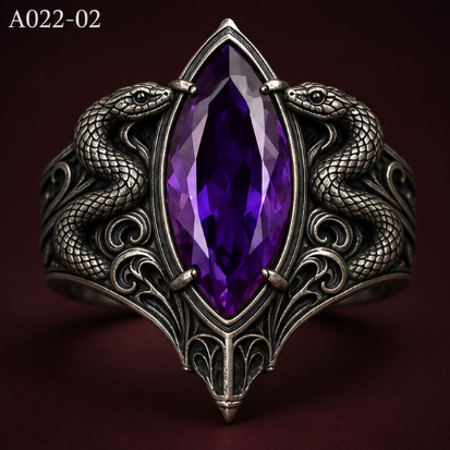 MadeMine Snake Embrace purple stone ring set featuring genuine silver serpent design, statement jewelry with 10g weight.