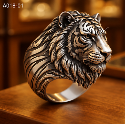 Silver animal head statement rings featuring roaring tiger, geometric bear, and 3D tiger designs in US sizes 6–12 by MadeMine