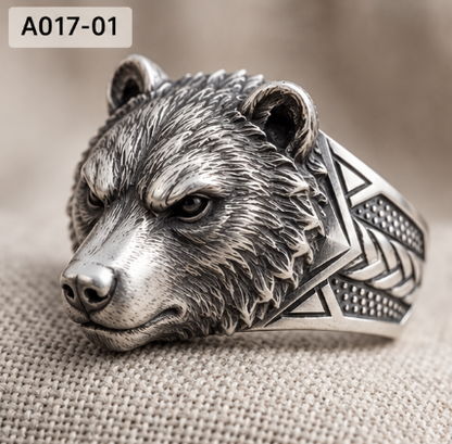 Silver animal head statement rings featuring roaring tiger, geometric bear, and 3D tiger designs in US sizes 6 to 12.