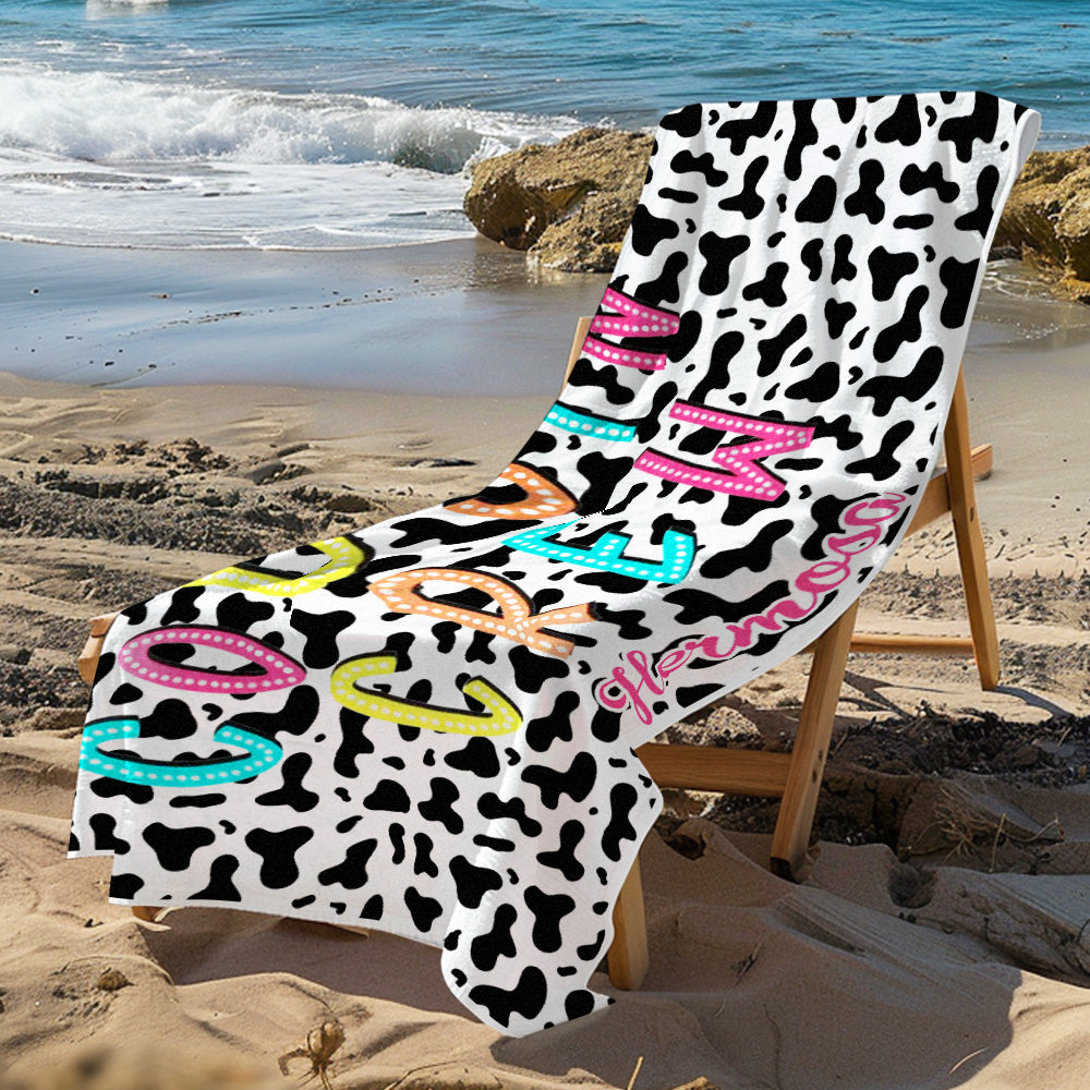 Personalized MadeMine Custom Cousin Crew Beach Towel with family reunion name, featuring colorful design and soft, absorbent fabric.
