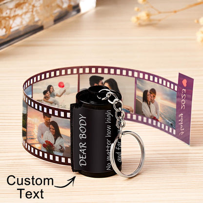 Personalized MadeMine photo film roll keychain with custom photo and gift box, featuring a vintage film reel design.