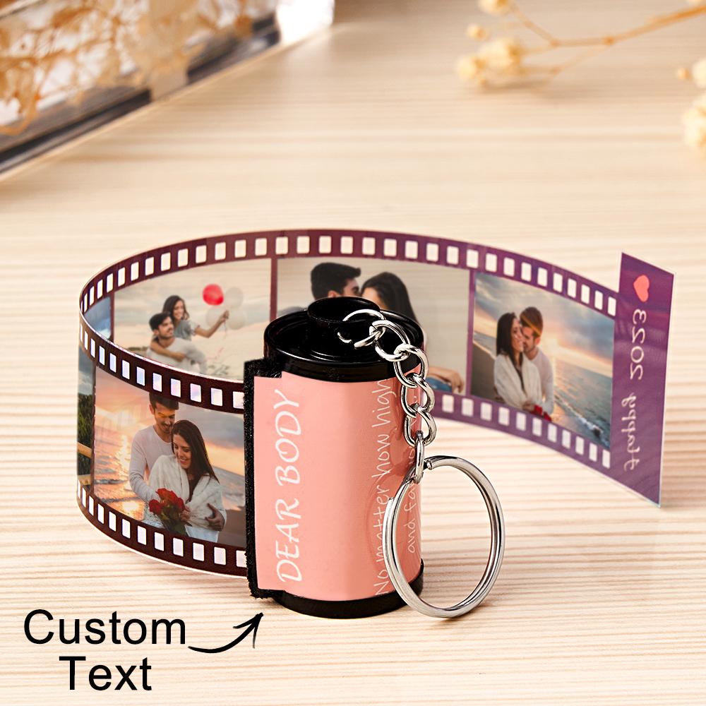 Personalized MadeMine photo film roll keychain with custom photo and gift box, stylish accessory for keys or bags.