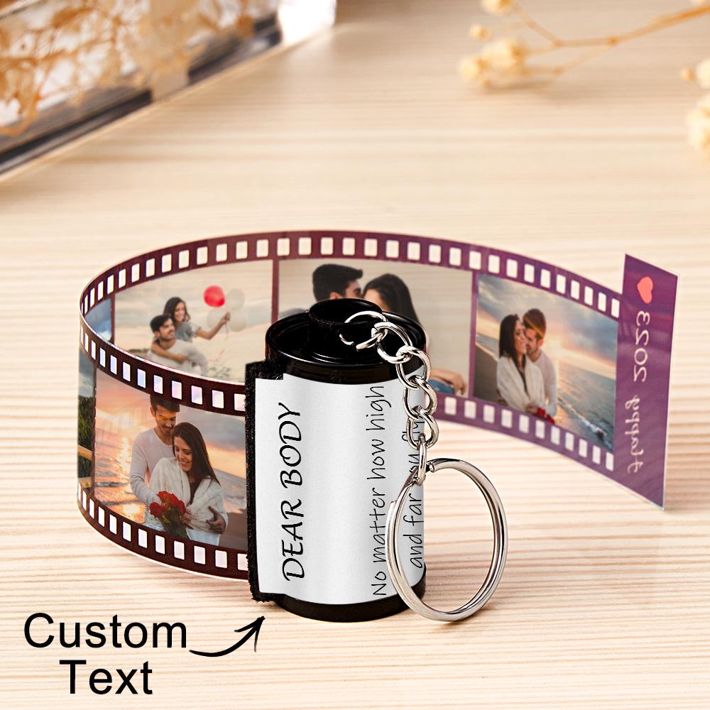 Personalized MadeMine keychain with photo film roll design and gift box, custom photo insert, jewelry accessory.