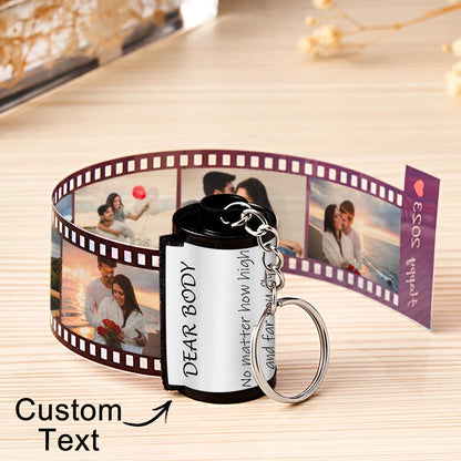 Personalized MadeMine keychain with photo film roll design and gift box, custom photo insert, jewelry accessory.