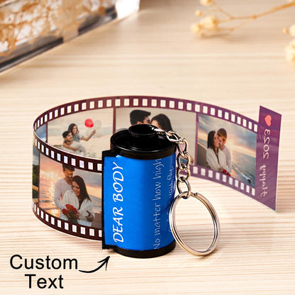 Personalized MadeMine photo film roll keychain with custom photo and gift box, compact accessory for keys or bags.