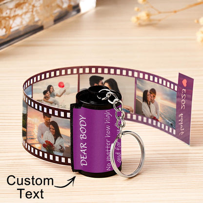 Personalized MadeMine photo film roll keychain with custom photo and gift box, showcasing a unique keepsake accessory.