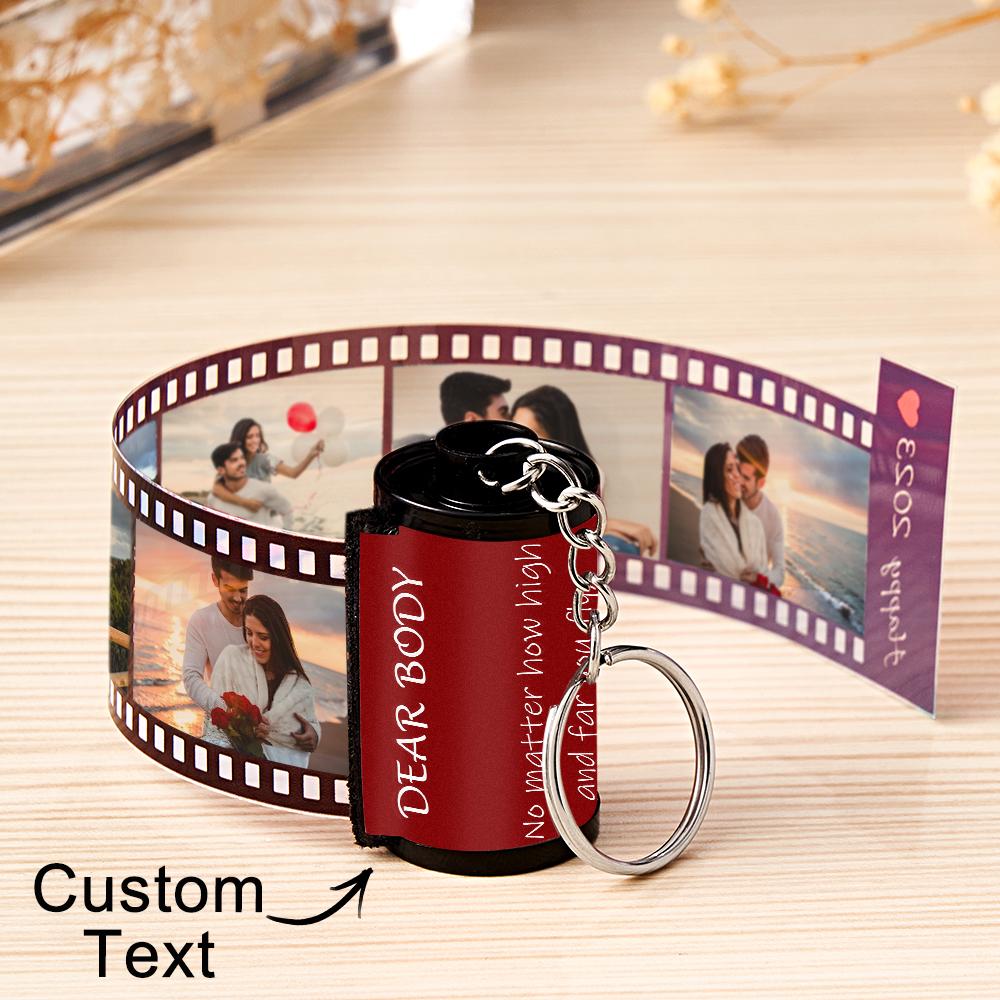 Personalized MadeMine keychain with photo film roll design and gift box, customizable keychain accessory with photo display.