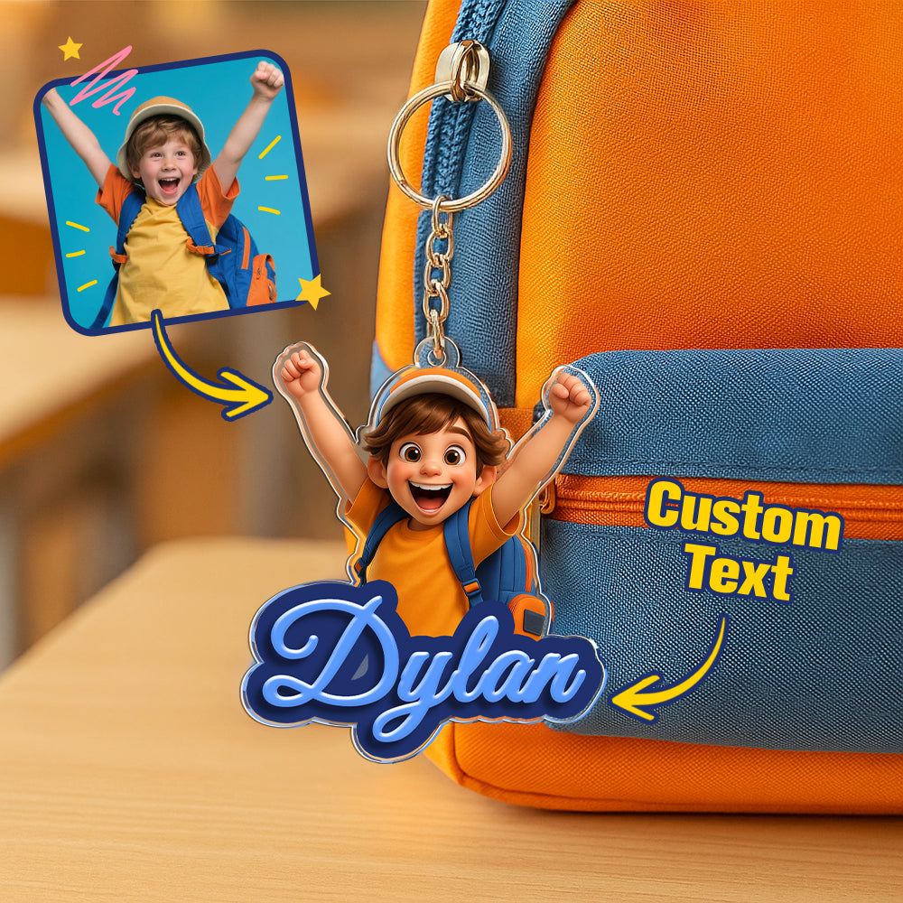 Custom cartoon photo keychain with name from MadeMine, featuring a colorful back-to-school design and a metal keyring attachment.