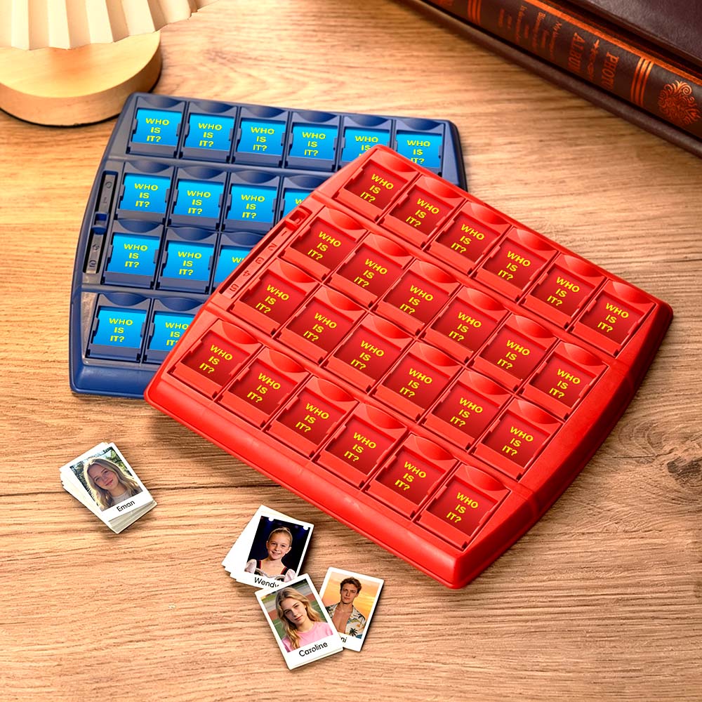 Personalized Guess Who photo game by MadeMine featuring custom family images on a classic board game for fun game night.
