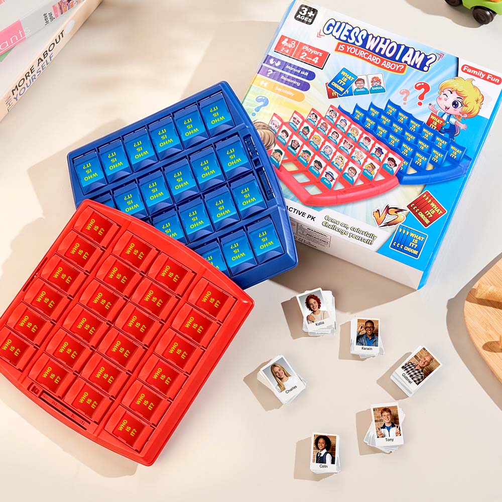 Personalized Guess Who photo game by MadeMine featuring custom family characters on a colorful board for game night fun.