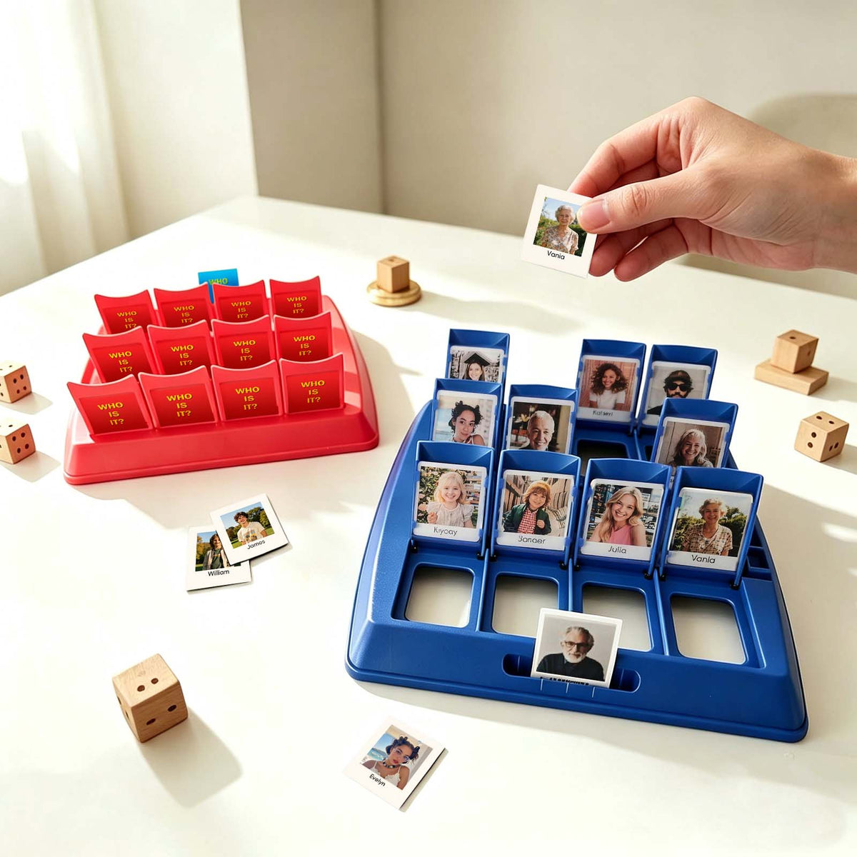 Personalized Guess Who photo game by MadeMine featuring custom family images on a fun, interactive board game for game night.
