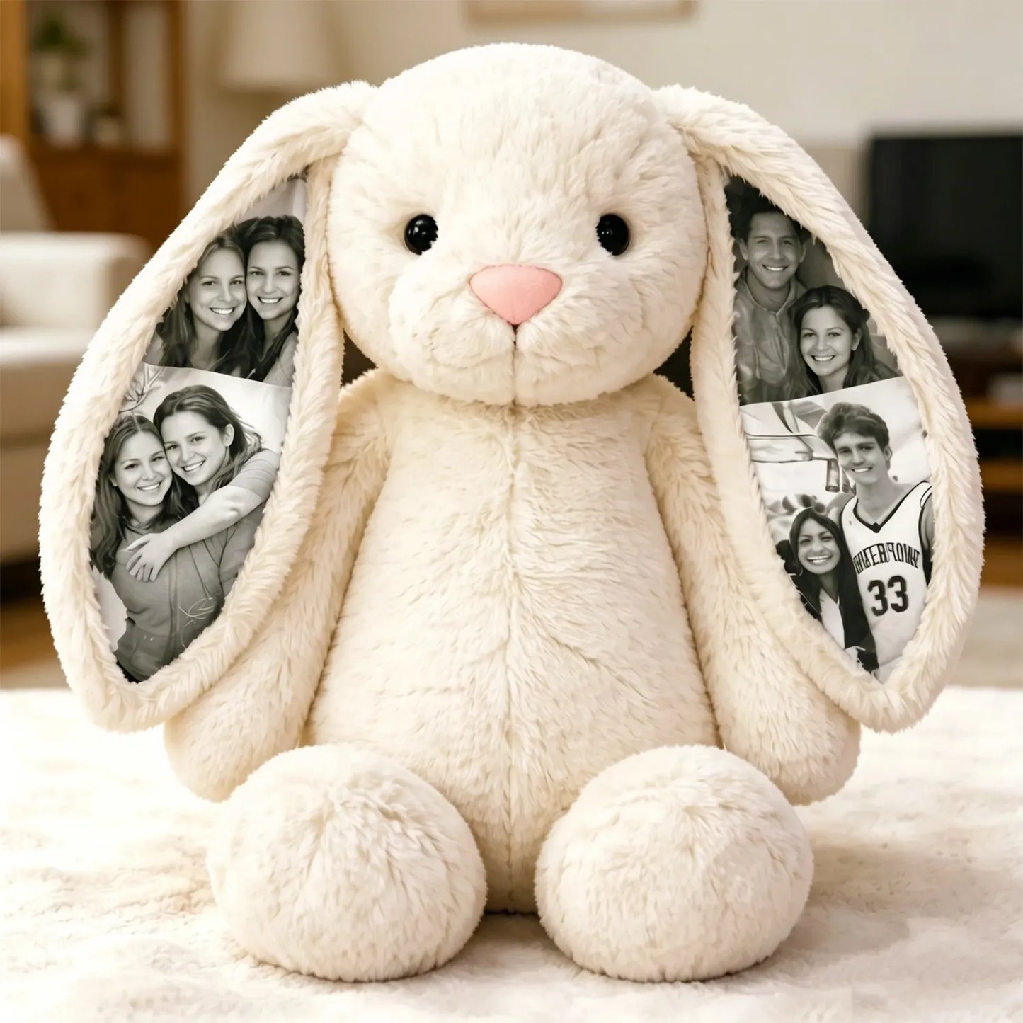 MadeMine custom photo bunny plush toy with hidden ear picture, perfect personalized gift for couples and anniversaries.