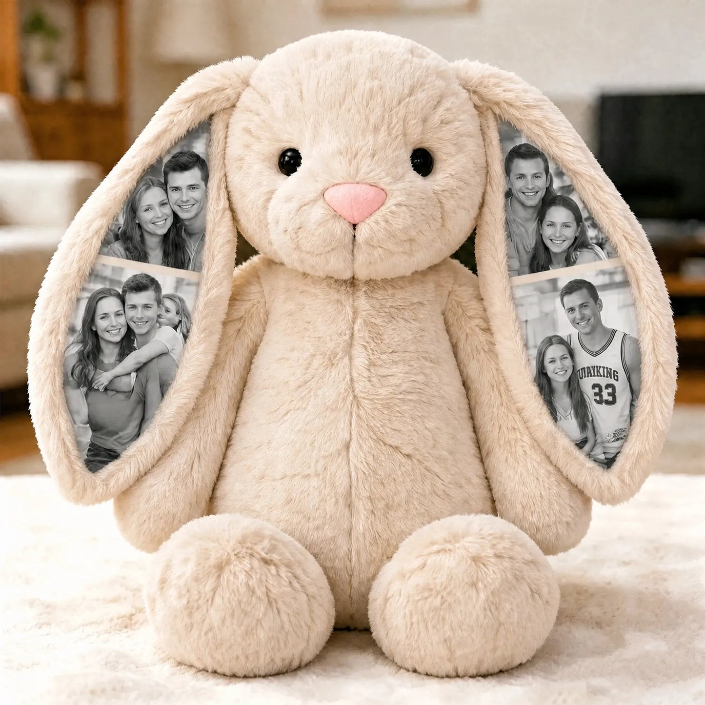 MadeMine custom photo bunny plush toy with hidden ear picture, soft plush stuffed animal for couples and anniversary gifts