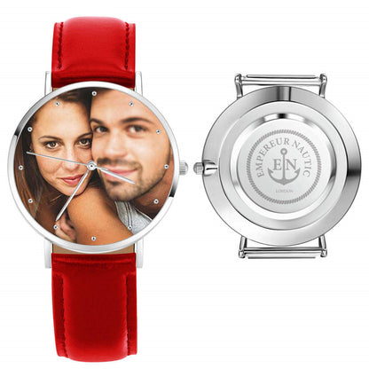 Personalized Photo Leather Watch for Men - Custom Photo & Engraved Text, 40mm - Mini Brick Custom