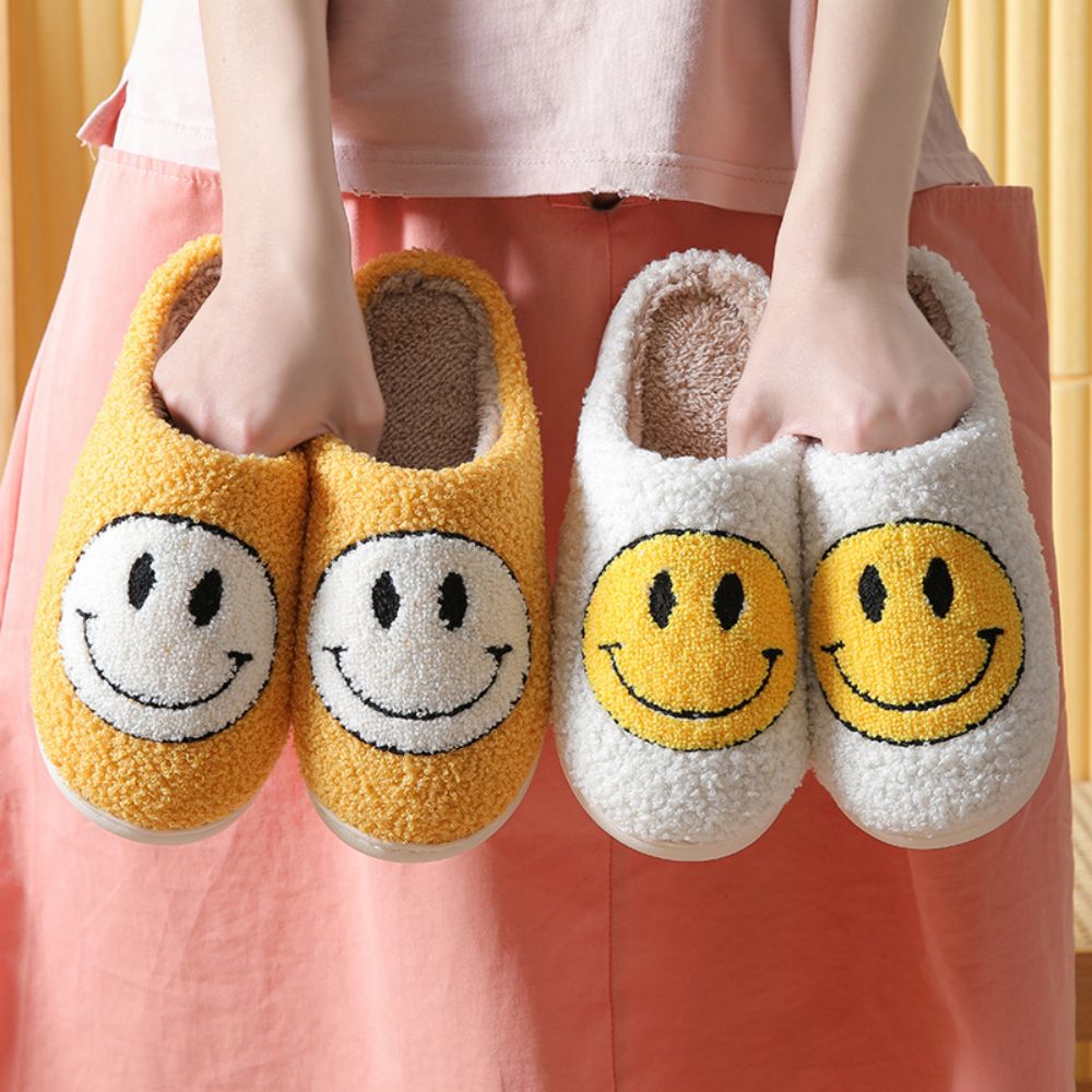 MadeMine smiley face cotton fuzzy slippers with fluffy warmth, cozy house slippers for women and men, soft and comfortable inside.